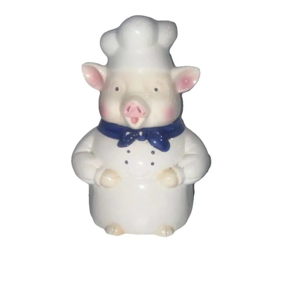 Vintage 1970 Ceramic Pig Chef Cookie Jar with Lid White Blue Pink 11 in